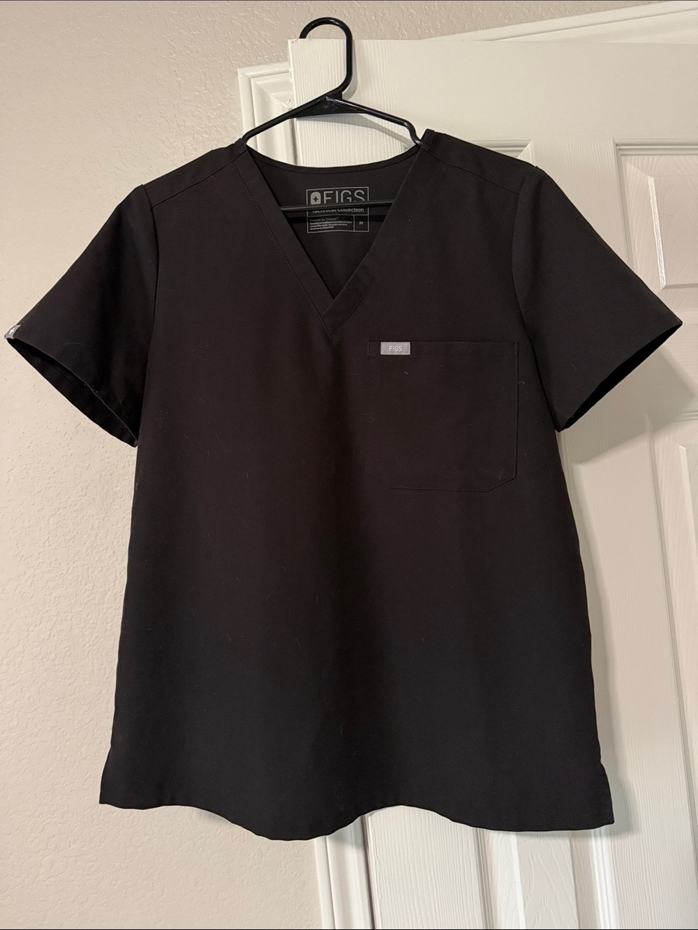 Figs Black V-Neck Scrub Top with Chest Pocket